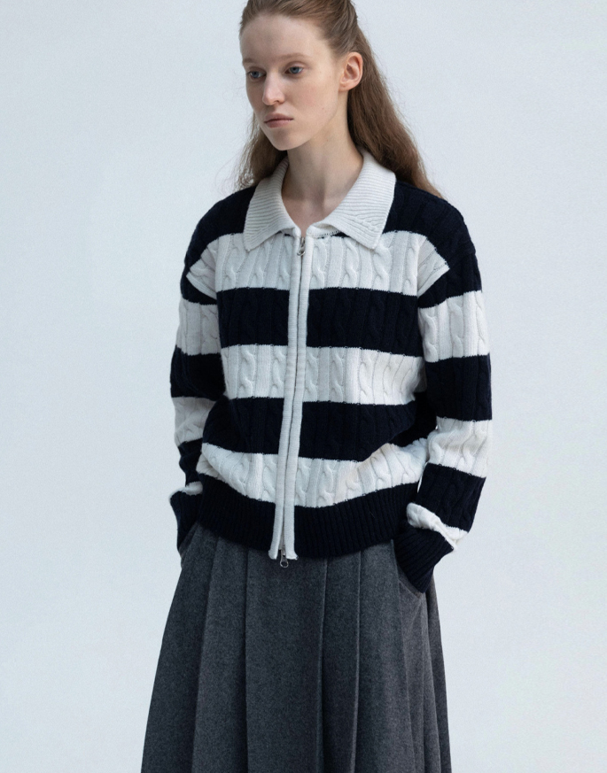 [AUBOUR] (W) cashmere stripe cable zip-up _ ivory/navy