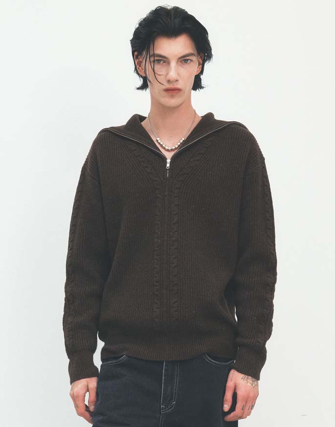 [OURSCOPE] Lambswool Cable Half Zip-up Knit _ Dark Brown