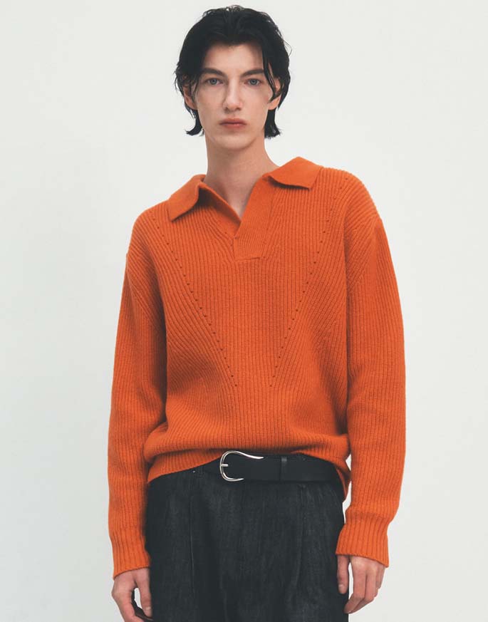 [OURSCOPE] Superfine Merino Wool Punching Collar Knit _ Mixed Orange