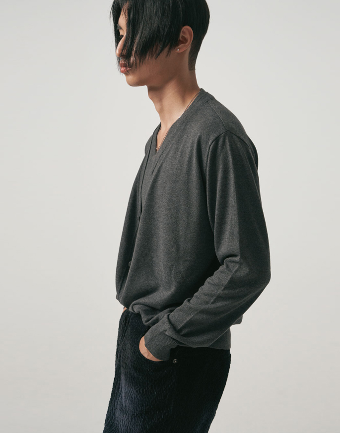 [NOIRER] CASHMERE LAYERED PULLOVER CARDIGAN KNIT _ DEEP GRAY