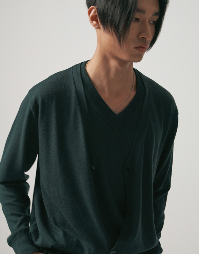 [NOIRER] CASHMERE LAYERED PULLOVER CARDIGAN KNIT _ DEEP GREEN