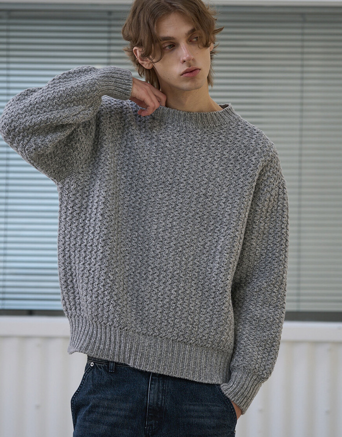 [WAVINESS] Wave Texture Lambswool Knit Sweater _ Steel Grey