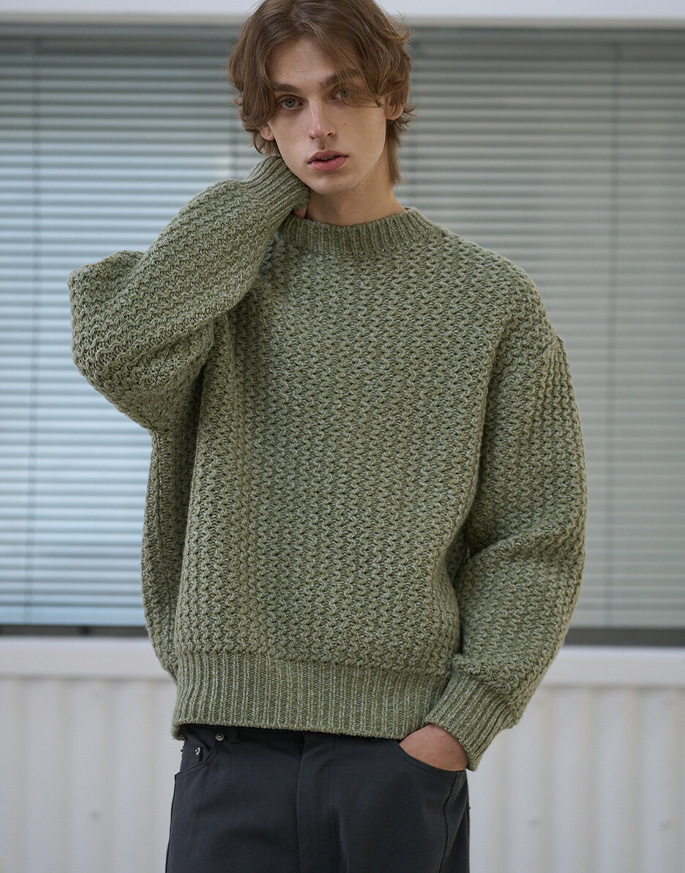 [WAVINESS] Wave Texture Lambswool Knit Sweater _ Pale Green