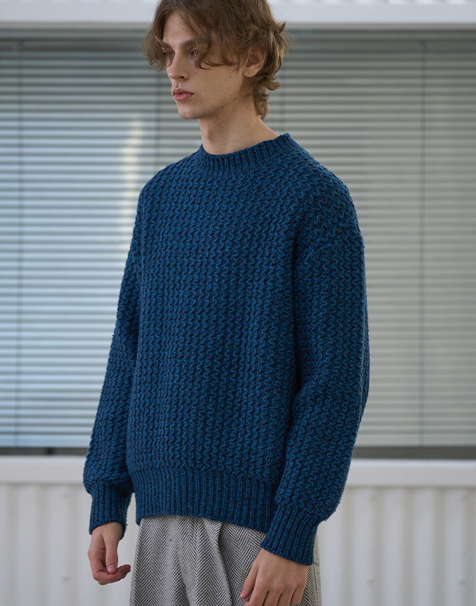 [WAVINESS] Wave Texture Lambswool Knit Sweater _ Turquoise